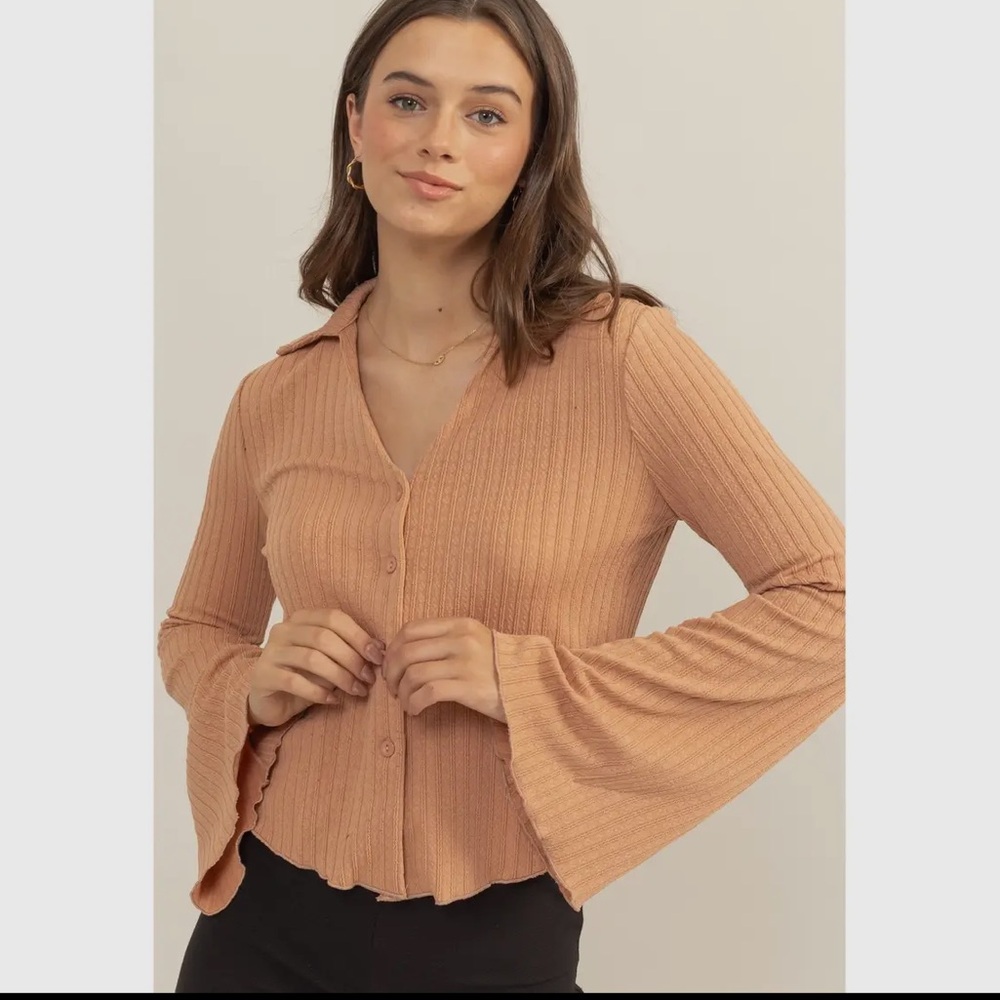 HYFVE Ribbed Bell Sleeve Top in Tan
